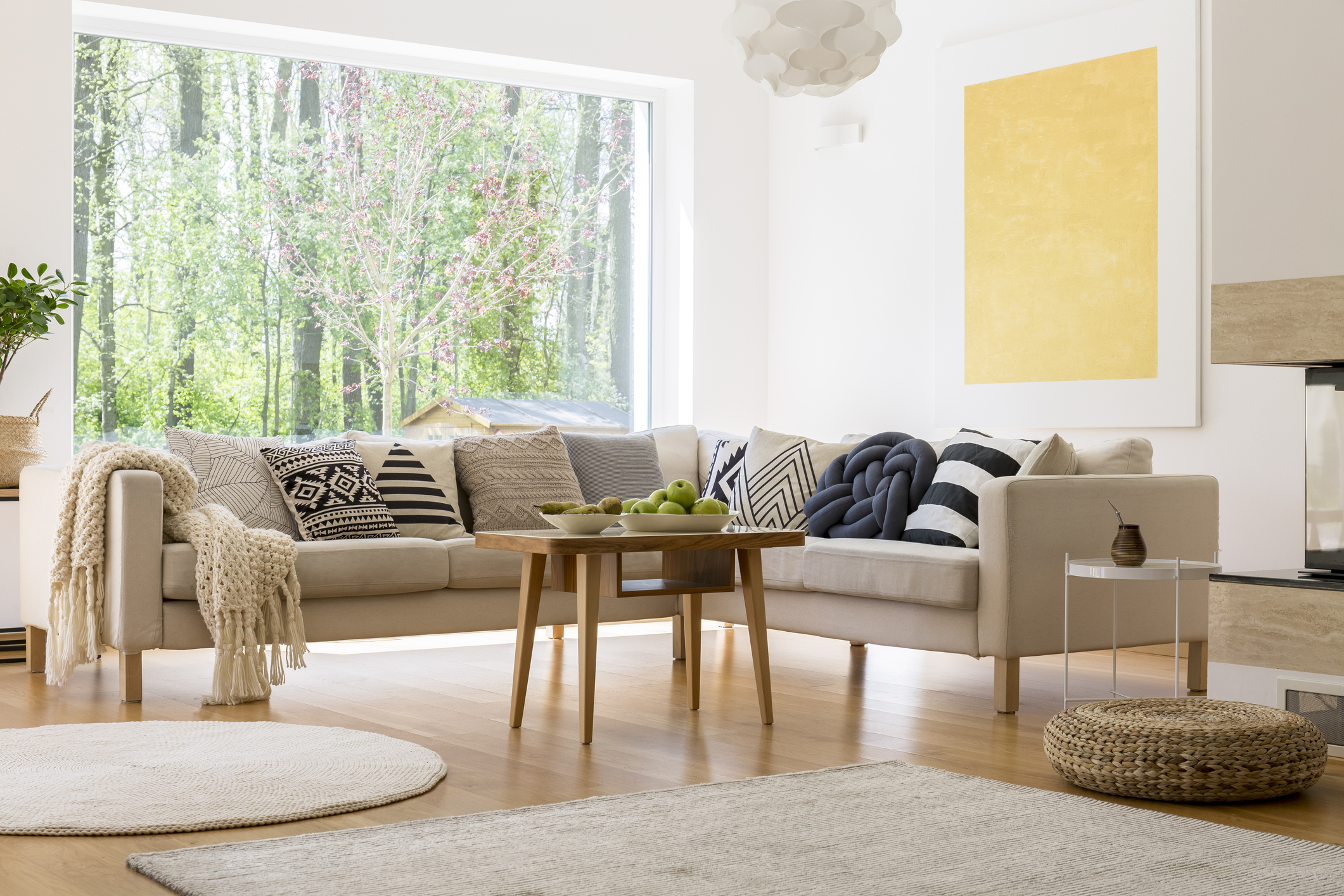 Open concept cozy living room with lots of natural light.