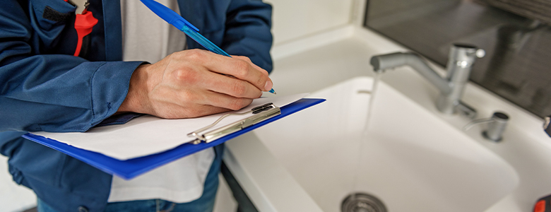 writing on a clipboard over a sink